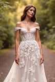 Floral White Sweep Train A Line Wedding Dress with Appliques