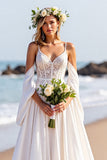 Corset A Line White Sweep Train Beach Wedding Dress with Sleeves