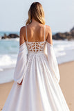 Corset A Line White Sweep Train Beach Wedding Dress with Sleeves