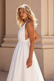 Simple Halter White Sweep Train A Line Satin Wedding Dress