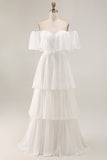 White Ruffled Off the Shoulder Chiffon Maxi Boho Wedding Dress