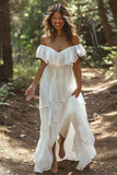 White Chiffon Ruffled Off the Shoulder Boho Maxi Wedding Dress