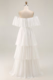 White Ruffled Off the Shoulder Chiffon Maxi Boho Wedding Dress