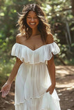 White Chiffon Ruffled Off the Shoulder Boho Maxi Wedding Dress