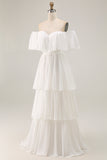 White Ruffled Off the Shoulder Chiffon Maxi Boho Wedding Dress