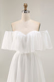 White Ruffled Off the Shoulder Chiffon Maxi Boho Wedding Dress