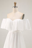 White Ruffled Off the Shoulder Chiffon Maxi Boho Wedding Dress