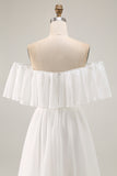 White Ruffled Off the Shoulder Chiffon Maxi Boho Wedding Dress