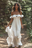 White Chiffon Tiered Boho Maxi A Line Wedding Dress with Ruffles