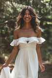 White Chiffon Tiered Boho Maxi A Line Wedding Dress with Ruffles