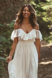 Chiffon White Boho Sweep Train A Line Wedding Dress with Ruffles
