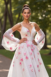 Floral Tulle White Cold Shoulder A Line Wedding Dress with Sleeves