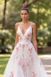 Floral Tulle White Spaghetti Straps A Line Maxi Wedding Dress