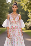 Floral Corset White V-Neck A Line Sweep Train Wedding Dress
