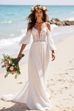 Chiffon Boho White Sweep Train Beach Wedding Dress with Sleeves