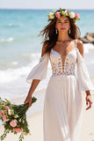 Chiffon Boho White Sweep Train Beach Wedding Dress with Sleeves