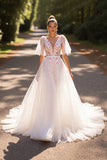 Floral A Line White Half Sleeves Sweep Train Wedding Dress with Appliques