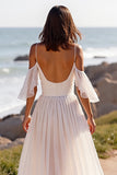A Line White Chiffon Boho Sweep Train Wedding Dress with Ruffles
