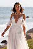 A Line White Chiffon Boho Sweep Train Wedding Dress with Ruffles