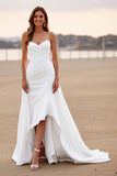 White Satin Ruched Spaghetti Straps Sheath High-Low Wedding Dress