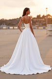White Satin Ruched Spaghetti Straps Sheath High-Low Wedding Dress