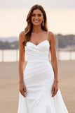 White Satin Ruched Spaghetti Straps Sheath High-Low Wedding Dress