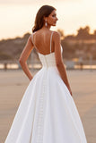 White Satin Ruched Spaghetti Straps Sheath High-Low Wedding Dress