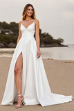 Satin A Line Spaghetti Straps White Sweep Train Wedding Dress with Slit