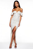 Sheath White and Black Off the Shoulder Maxi Polka Dot Dress with Slit