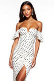 Sheath White and Black Off the Shoulder Maxi Polka Dot Dress with Slit