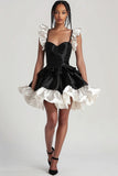 Cute Black Satin Tiered A Line Short Cocktail Dress with Ruffles
