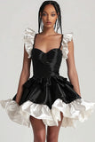 Cute Black Satin Tiered A Line Short Cocktail Dress with Ruffles