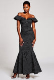 Mermaid Black and White Off the Shoulder Maxi Polka Dot Dress