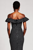Mermaid Black and White Off the Shoulder Maxi Polka Dot Dress