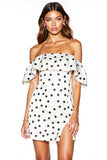 Tight White and Black Off the Shoulder Short Polka Dot Dress with Slit