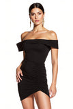 Black Ruched Off the Shoulder Tight Mini Cocktail Dress