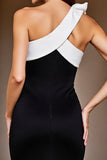 Black and White Patchwork Bodycon Short Cocktail Dress with Bow