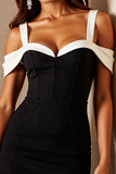 Black and White Patchwork Corset Satin Cold Shoulder Tight Mini Cocktail Dress