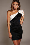 Mini Black and White Patchwork One Shoulder Tight Cocktail Dress with Bow
