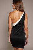 Mini Black and White Patchwork One Shoulder Tight Cocktail Dress with Bow