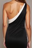Mini Black and White Patchwork One Shoulder Tight Cocktail Dress with Bow