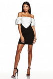 Black and White Off the Shoulder Mini Tight Cocktail Dress with Sleeves