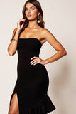 Black Satin Strapless Tight Asymmetrical Cocktail Dress with Slit