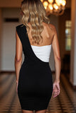 Mini Black and White Patchwork One Shoulder Satin Tight Cocktail Dress