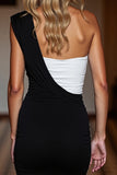 Mini Black and White Patchwork One Shoulder Satin Tight Cocktail Dress