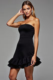 Black Tight Strapless Mini Cocktail Dress with Ruffles