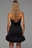 Black Tight Strapless Mini Cocktail Dress with Ruffles