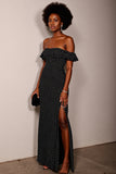 Sheath Maxi Black and White Off the Shoulder Polka Dot Dress with Slit
