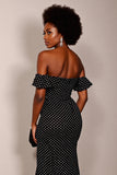 Sheath Maxi Black and White Off the Shoulder Polka Dot Dress with Slit