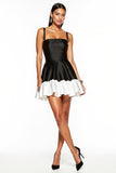 Satin Black and White Patchwork A Line Short Cocktail Dress with Ruffles